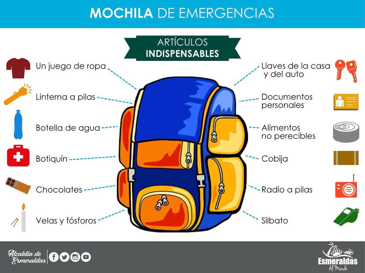 AlcaldiaEsme's tweet photo. ¿Sabe usted qué debe contener una mochila para situaciones de #Emergencia? https://t.co/UWvfyIRbsB