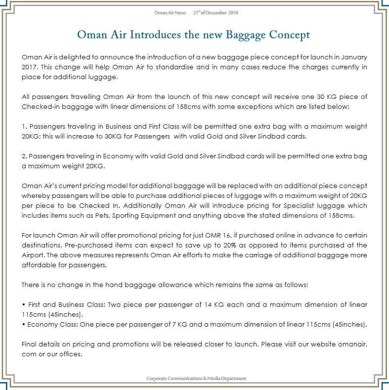 oman air extra baggage price