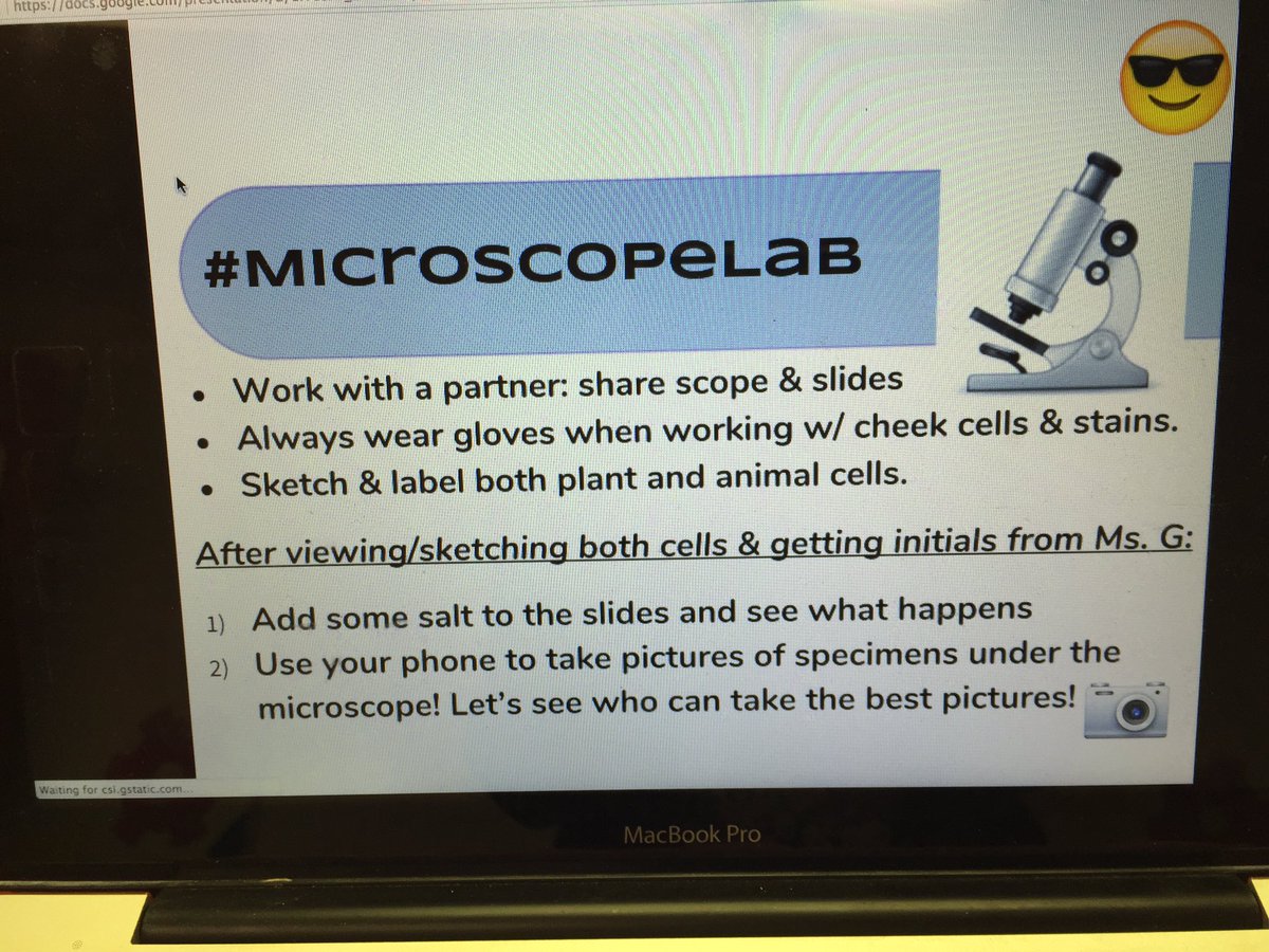 Mrs_Mongelli's tweet image. You can never use too many emojis when presenting a lab to students 😎🔬📷. Excited for today's #microscopelab with period 9!