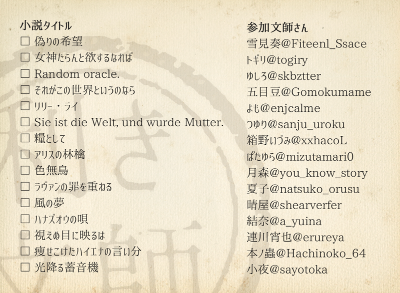 シギ 固定用 同一プロットから小説を書いて作者様をあてる 利き文師さん企画 公開しました T Co Npqbr9tsroから15作品がご覧になれます タイトル一覧 参加文師様一覧は画像にて ぜひともご考察ください 利き文師さん企画 T Co