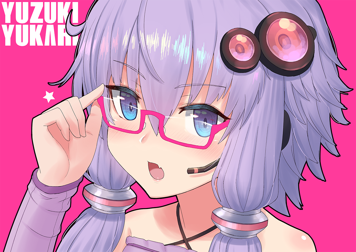 yuzuki yukari 1girl solo glasses hair ornament purple hair pink background open mouth  illustration images