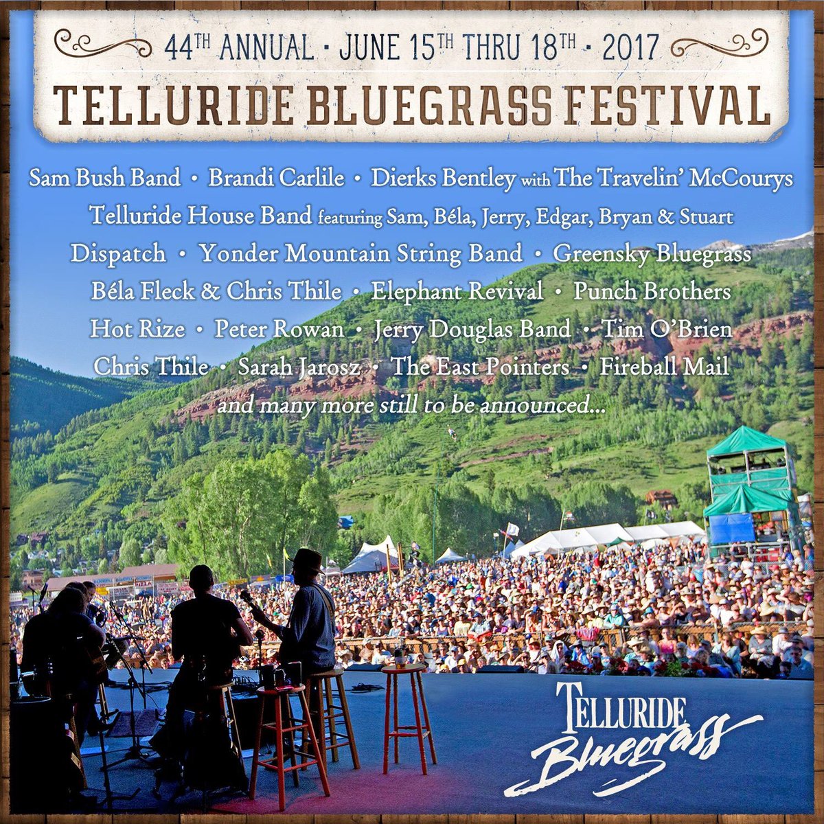 campgreensky's tweet image. ANNOUNCE: We're thrilled to be returning to #TellurideBluegrass alongside @sam_bush @brandicarlile @DierksBentley + more! #TBF44 #gsbg16