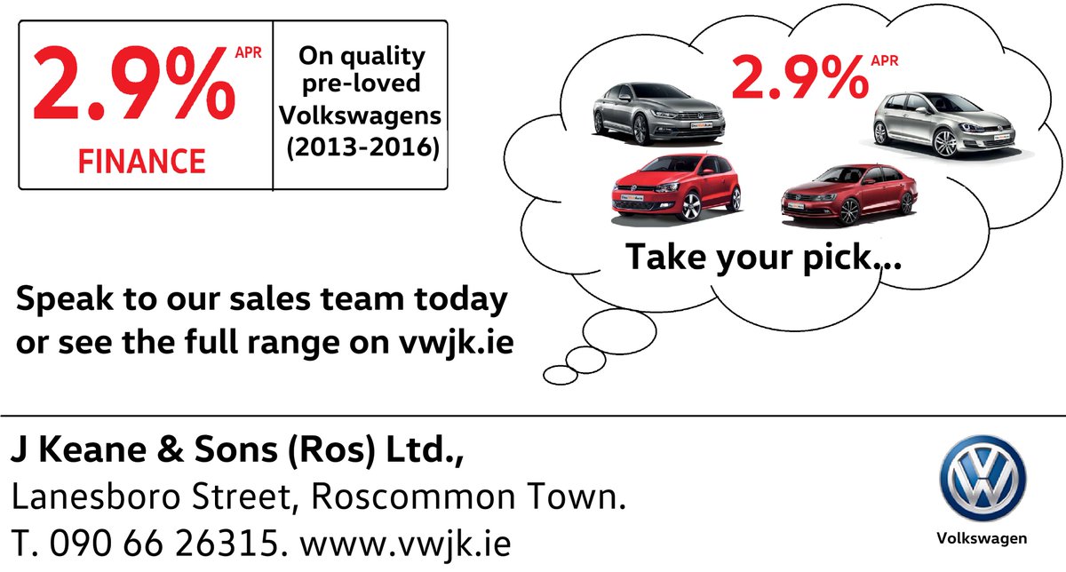 JKeaneSons's tweet photo. Lowest ever 2.9% APR Used Car PCP/HP (131-162 VW Models) rate available until Dec 31st! Call for info! 0906626315 or https://t.co/KxUXU65bwc https://t.co/bNzMQpkExy