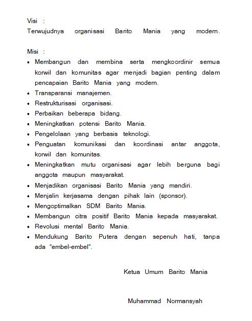 Visi Misi yang diusung Ketum Barito Mania <a href="/Norman_bartman/">Norman</a> | Semoga bisa membawa Bartman lebih baik lagi ke depannya. #SasahLakasi