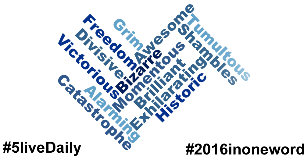 bbc5live's tweet photo. Grim, awesome or momentous?
How would you describe #2016inoneword?
Here are some listener suggestions to @Emmabarnett on #5liveDaily https://t.co/2evMb58oRm