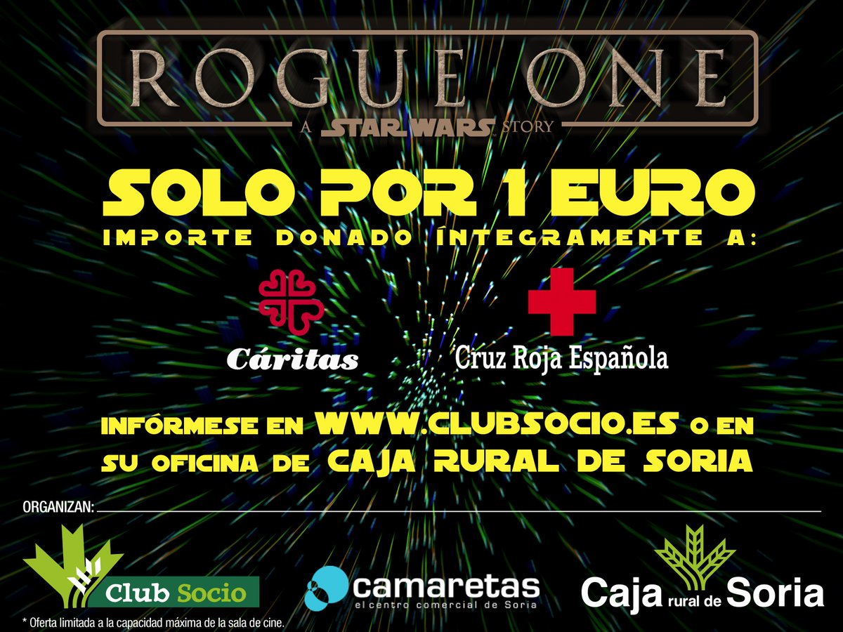¿Aún no has descargado en clubsocio.es el cupón para ir por 1€ al estreno de #rogueone en Camaretas? Date prisa: ¡es esta tarde!