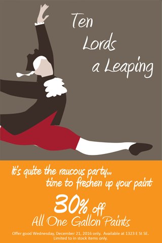 Fragers's tweet image. Frager's 10th Day Deal:  30% Off all one gallon paints!  Today, Dec. 21st at 1323 E St. SE only .  Limited to in stock items. 202-547-2468