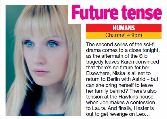 HUMANSaahh's tweet photo. Inside Soap Magazine
Date: Dec 17 - 30 2016
Episode synopsis for the finale of Humans S2
#Humans #HumansClippings https://t.co/Zb86gCpBB6