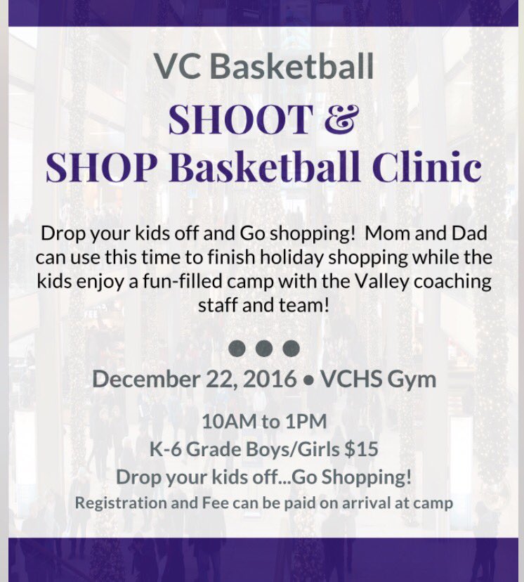 VC_Basketball's tweet photo. "Shoot and Shop" Basketball Clinic Sign-Up https://t.co/tJcyfbqzeW
 
 Camp is tomorrow 10am-1pm at the High School https://t.co/z72JhxT7DL