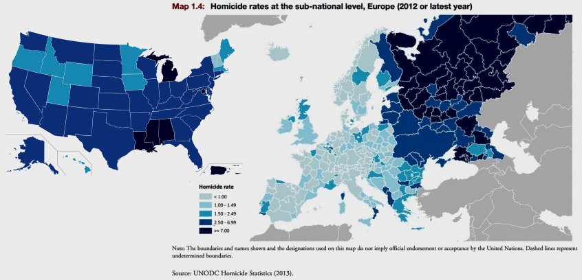 Homicide rates per 100,000 in Europe and the US