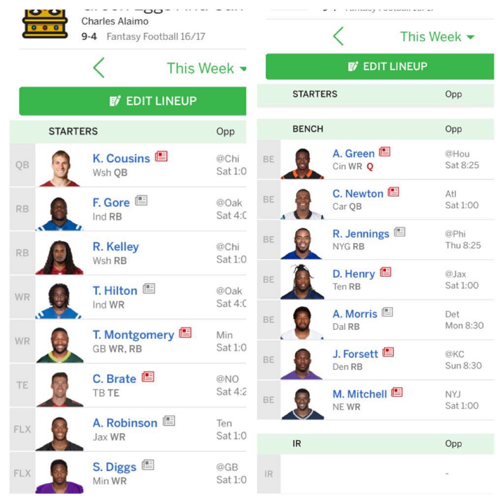 MoneyChuck24's tweet photo. @GeorgeKurtz Hey George, this  is my team for the finals. Should I replace any one(s) off the bench. 1/2PPR https://t.co/RiOj52JxDf