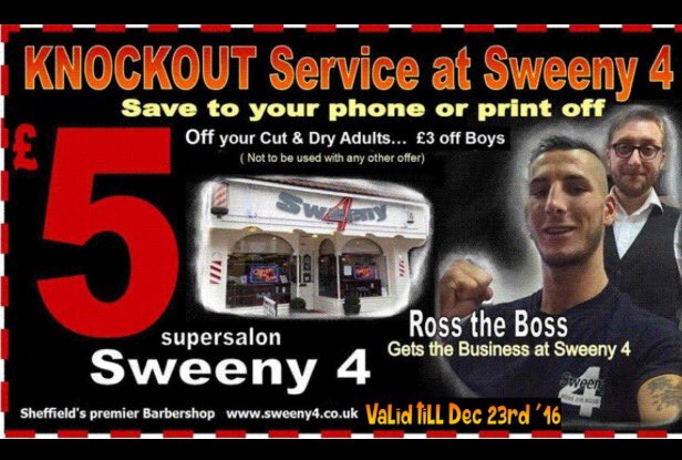 Use this voucher at <a href="/Sweeny4Salon/">Sweeny4</a> excuse Road Sheffield if you need a trim