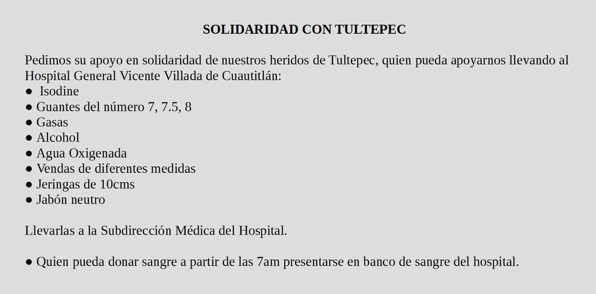 Por favor RT. En #Tultepec urgen medicamentos, material de curación y donaciones de sangre. <a href="/DeniseDresserG/">Denise Dresser</a>
