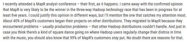 PaulSaleme's tweet photo. Is #MapR leading the #Hadoop technology race? @robinbloor chimes in: https://t.co/iaCd4vzZDZ #MapR16 #bigdata https://t.co/7eBgeKjWGs