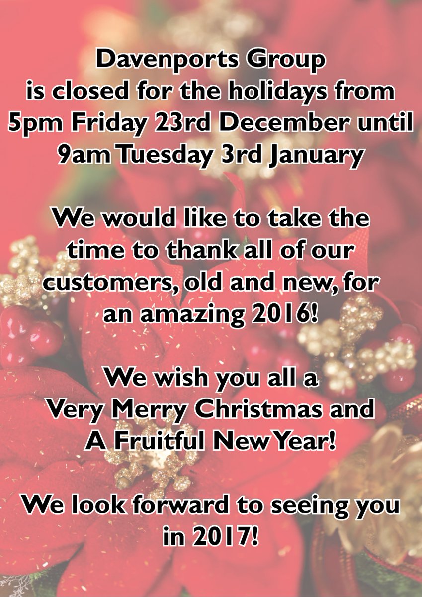 We are closed for the Holidays from Fri 23rd Dec until Tues 3rd Jan. Big thank you to our customers for their continued support during 2016!