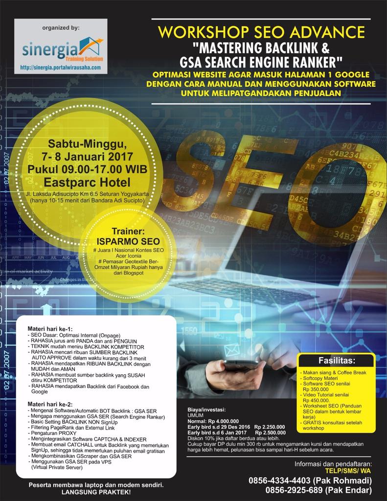 #jogja 7-8/1/2017 Pelatihan SEO utk melipatgandakan penjualan | HTM mulai 2,25 jt | WA: 0856-2925-689