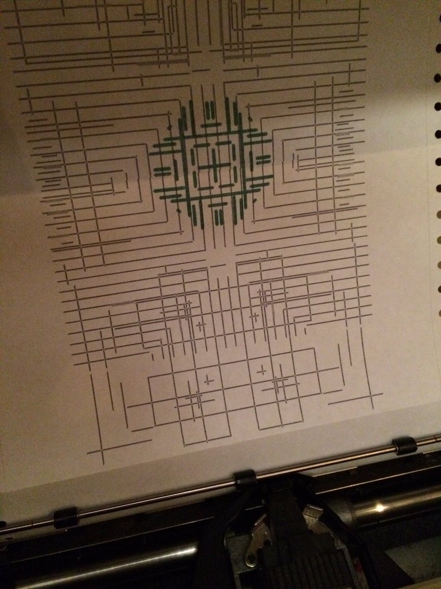 joshburker's tweet photo. Working on multi-color, multi-pass #brushMirrors #MacPaint drawing on #Macintosh512K,#ImageWriter dot matrix printer. #retroComputing https://t.co/mj0cbgcWtP
