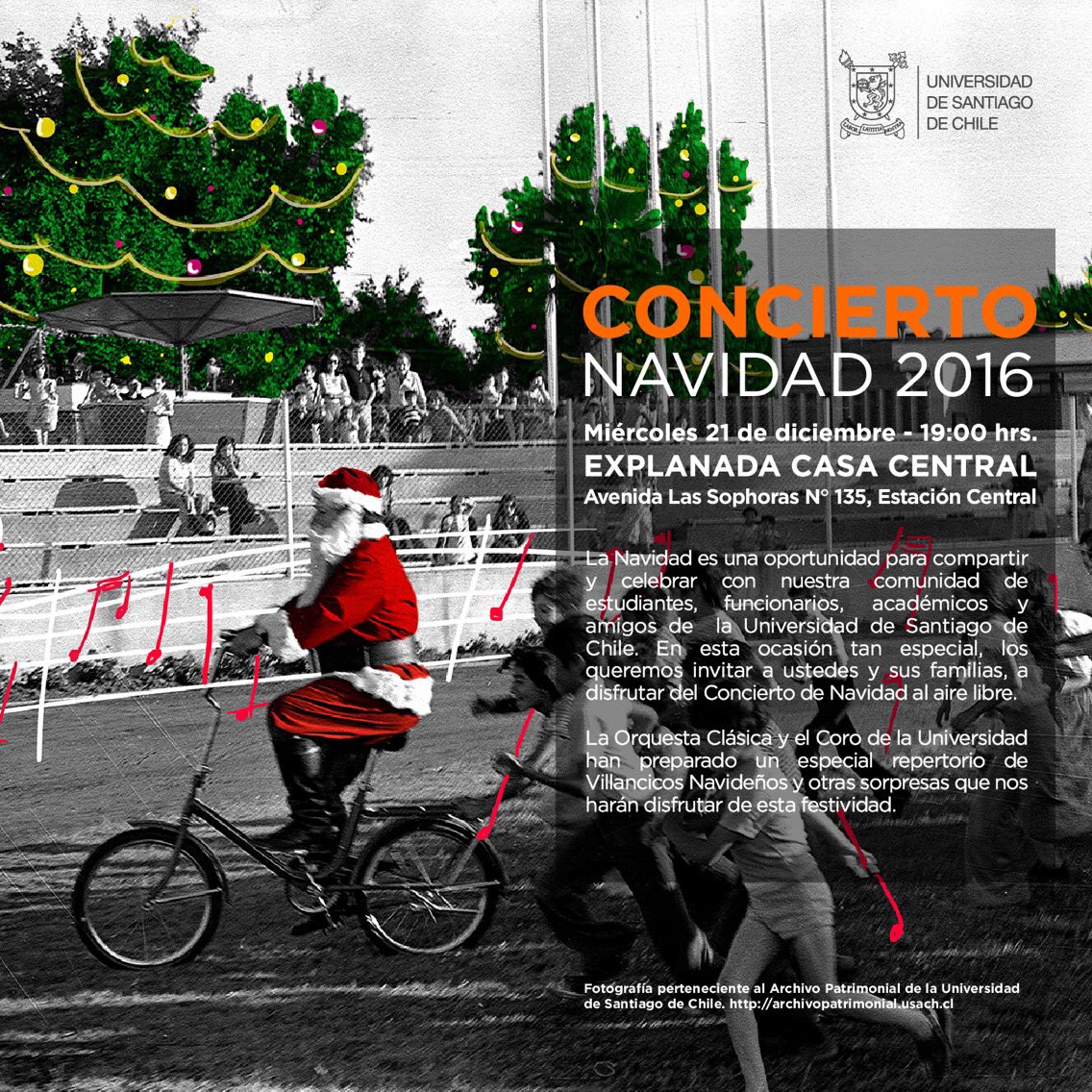 Llegó la Navidad a la Universidad de Santiago! Celebra junto a <a href="/OrquestaUSACH/">Orquesta Usach</a> un mágico concierto navideño hoy a las 19:00 en frontis <a href="/usach/">Universidad de Santiago de Chile</a>