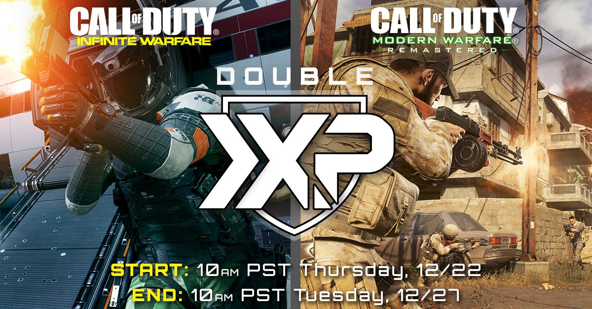 2XP. 2 games. Let’s go. Enjoy Double XP in both #InfiniteWarfare &amp; #MWRemastered this weekend, starting tomorrow through Tuesday @ 10 AM PT!