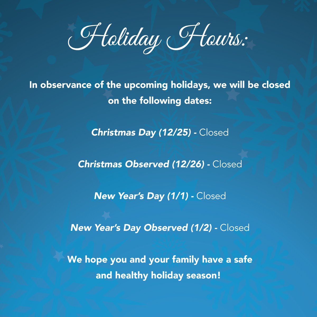 JuicePapiDelray's tweet photo. In observance of the upcoming holidays, we will be closed on the following days. We hope you have a safe &amp; happy holiday and a great 2017! https://t.co/EapEGeUt2w