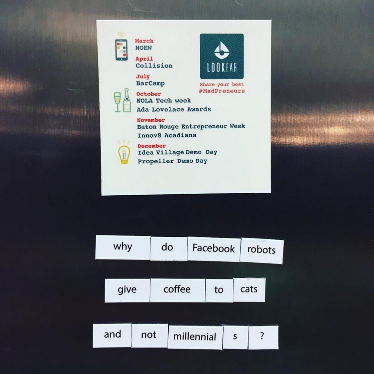 LookFar_Ideas's tweet image. Giving fridge poetry a #startup buzzword-y makeover with our #Madpreneurs magnets! Keep an eye on your mailboxes, #nolatech!