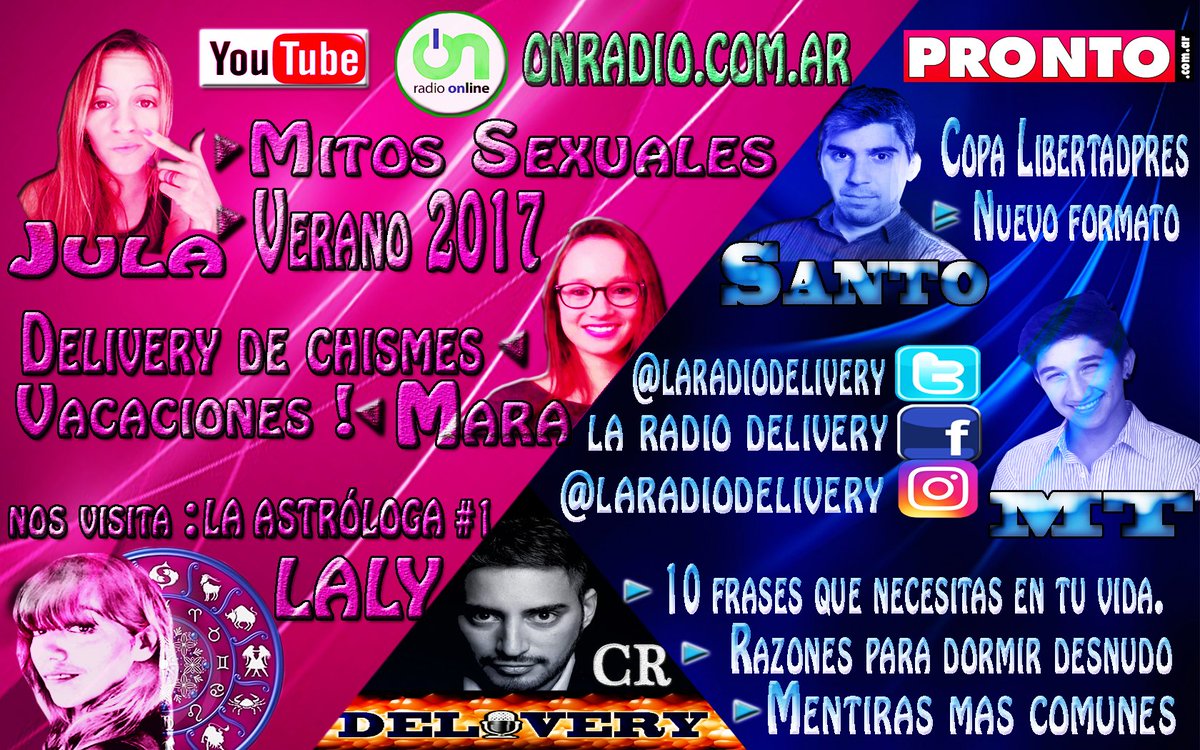 Hoy 20 hs. DELIVERY. 
Nos visita La Astrologa nª1 "Laly Gualtieri.
Seguinos en las redes 
Escuchanos por onradio.com.ar