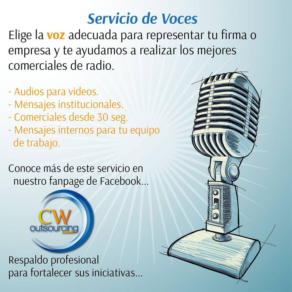 CWoutsourcing's tweet photo. #CWOutsourcing
Ofrece una gama distinguida de Voces profesionales, para realizar el comercial conveniente en los medios de comunicación. https://t.co/jC7TgYFk8T