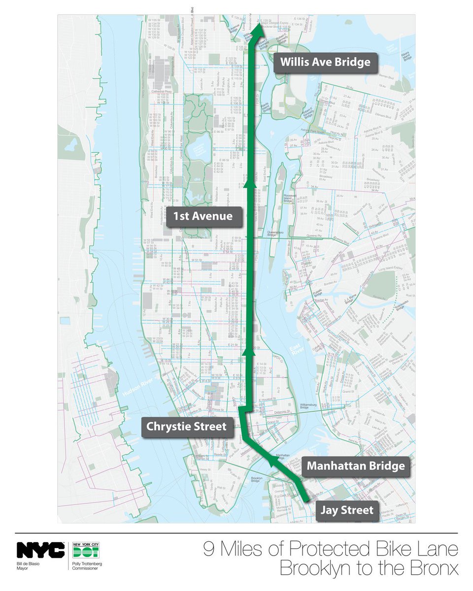 map of Manhattan showing protected bike route from Jay St brooklyn to Willis Ave Bridge in the Bronx!