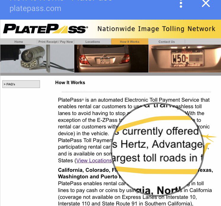 c_cecli's tweet image. a very lucrative scam .... a $2 toll = $28 USD . Its apparently on "page 4" of hertz rental contract!
