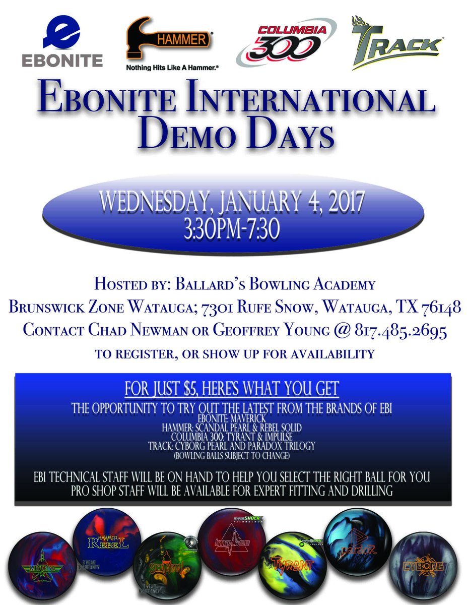 ballardsbowling's tweet photo. EBI Demo Day coming to BBA at Brunswick Zone Watauga on Wed. January 4, 2017 from 3:30 to 7:30.  Pricing specials for all that attend! https://t.co/4gCRAVIZs9