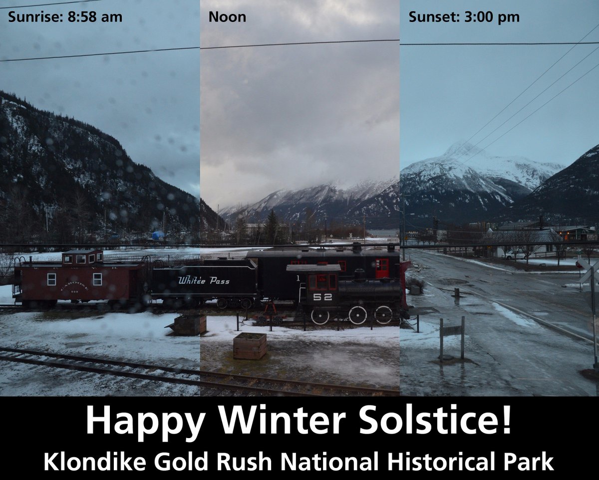 Image description: composite of three images showing sunrise, noon, and sunset with text "Happy Winter Solstice!"