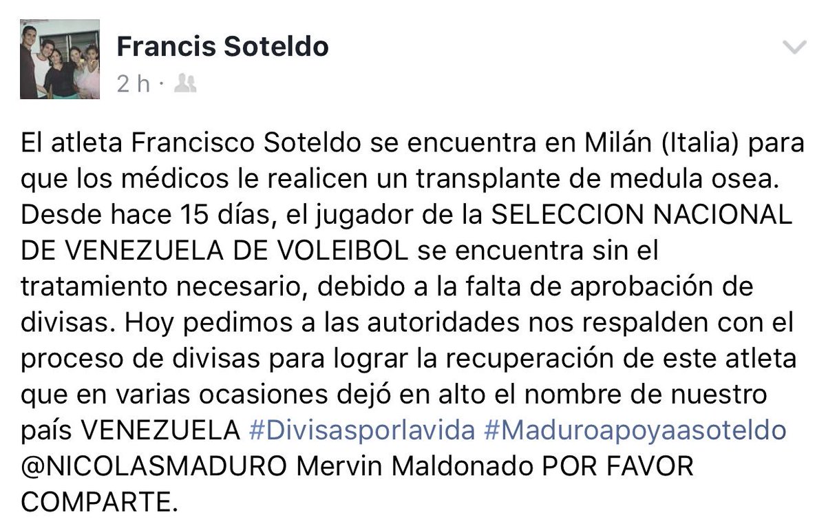 HilmarRE's tweet photo. Una vez más le pido colaboración para el voleibolista venezolano Francisco Soteldo quien lucha por su salud @IND_Vzla @Mindeporte #voleibol https://t.co/O9fq257aqn