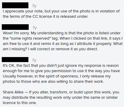 digitalzones's tweet photo. A conversation showing exactly why students need to learn the specifics of @creativecommons licenses... RT if you agree #ALC203 #ALC708 https://t.co/oWJT7WE6vs