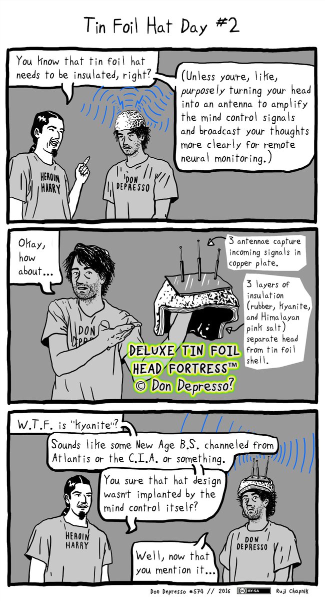 dondepresso's tweet image. "Tin Foil Hat Day #2" [#comic starring @dondepresso by @ruji_says] // bit.ly/TinFoilHatDay2. #Kyanite #EMFShielding #TinFoilHat #Atlantis