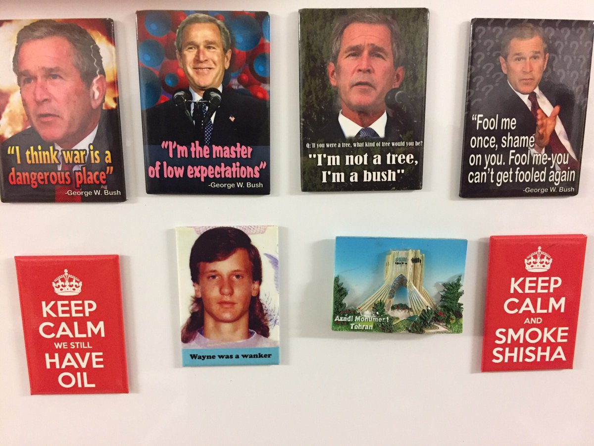 aaron_gwd's tweet image. My beer fridge magnet collection. Imagine the @realDonaldTrump missives I can add to my #dubbya collection in the next four years
