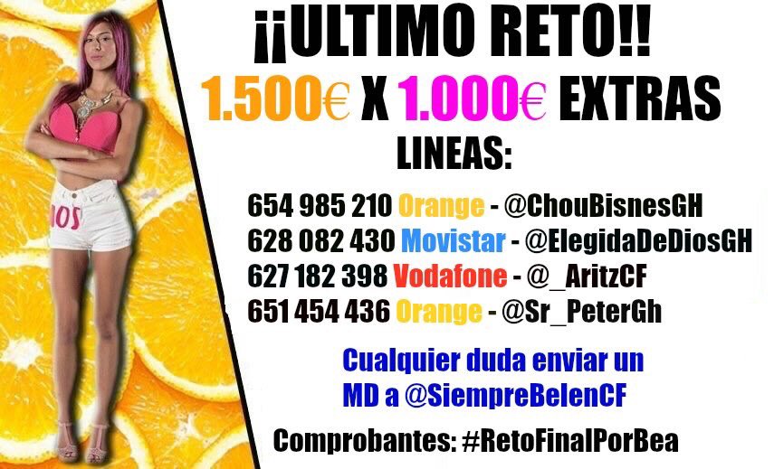 saika90's tweet photo. ❗️ÚLTIMO RETO. Mañana todas las recargas subiendo comprobante a #RetoFinalPorBea. Aquí abajo os dejamos los números son de confianza <3 
🍊🍊 https://t.co/GTlcoWWzEd
