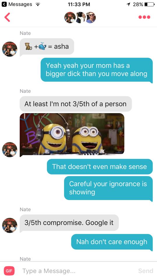 _teewrex's tweet photo. So ya, my girl Asha was on Tinder minding her business. When the lovely Nate came along and... @LifeAtPurdue I believe this is your student? https://t.co/pSfIc9mWBH