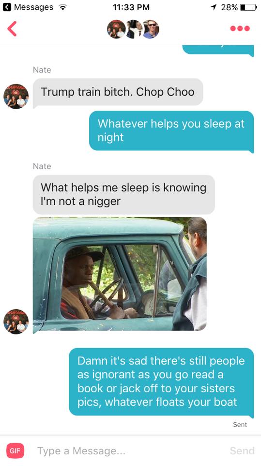 _teewrex's tweet photo. So ya, my girl Asha was on Tinder minding her business. When the lovely Nate came along and... @LifeAtPurdue I believe this is your student? https://t.co/pSfIc9mWBH