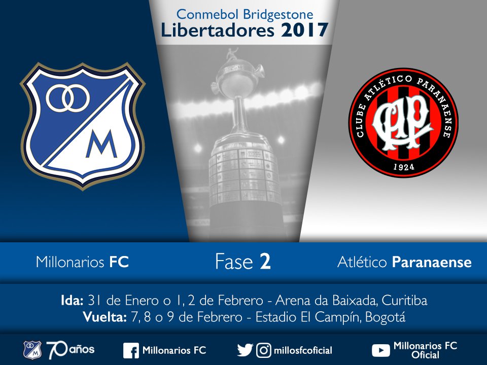 MillosFCoficial's tweet image. Nuestro rival en la Fase2 de la Conmebol Libertadores Bridgestone 2017 es Atlético Paranaense. #ConmebolLibertadores