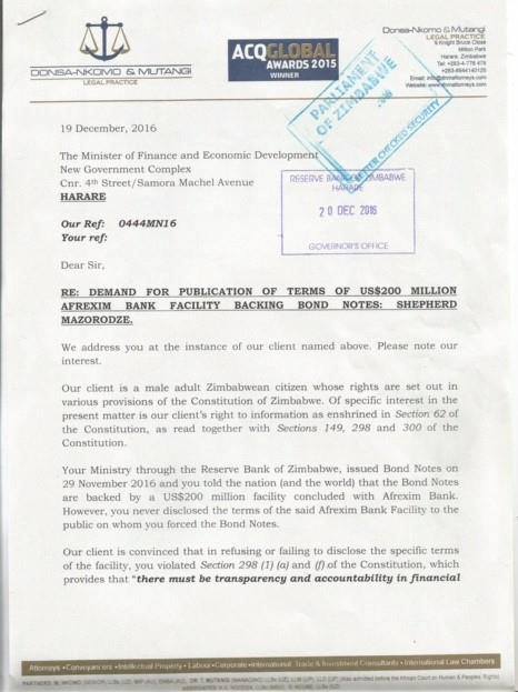 umzamocapital's tweet image. Zimbabwean threatens to sue RBZ if they do not make public the details of the $200 million facility for #BondNotes from @afreximbank