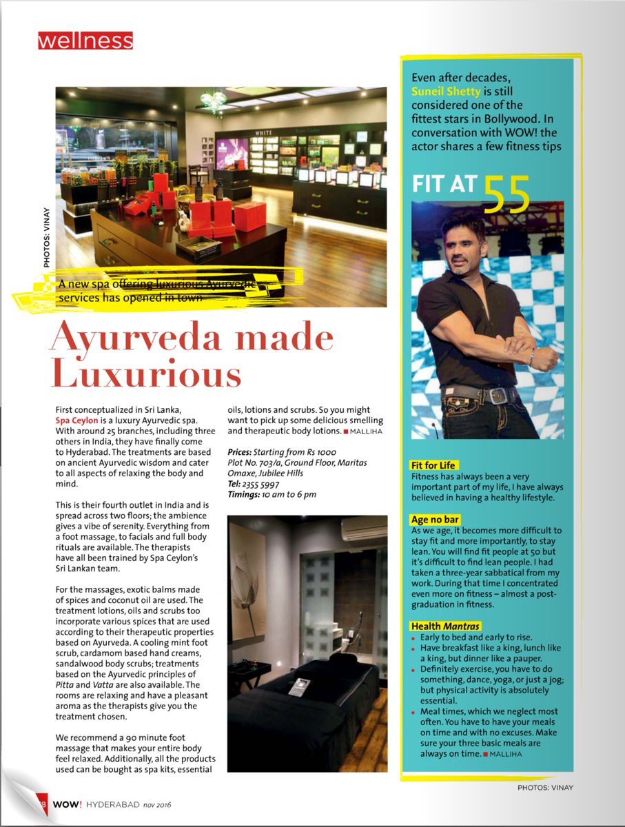 SpaCeylonHyd's tweet photo. Thank you tons to #wowmagazine for featuring #Spaceylon #jubileehills #Hyderabad #spa #health #wellness #Luxuryspa #exoticspa #NYE2017 https://t.co/v6iC29AWsP