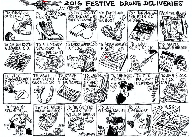 Zapiro cartoon in <a href="/mailandguardian/">Mail & Guardian</a> on 2016 festive drone deliveries - bit.ly/161222mg