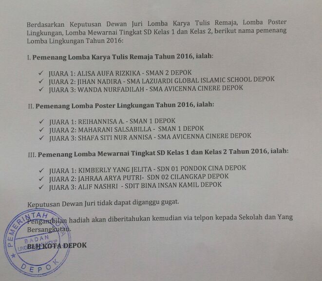 Nama Pemenang Lomba: Karya Tulis Remaja, Poster Lingkungan, Mewarnai Tingkat SD Kelas 1 dan Kelas 2 <a href="/blhkotadepok/">BLH Kota Depok</a>