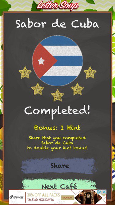 I just completed Sabor de Cuba in Letter Soup Café!

Download FREE for iOS:
LetterSoupCafe.com