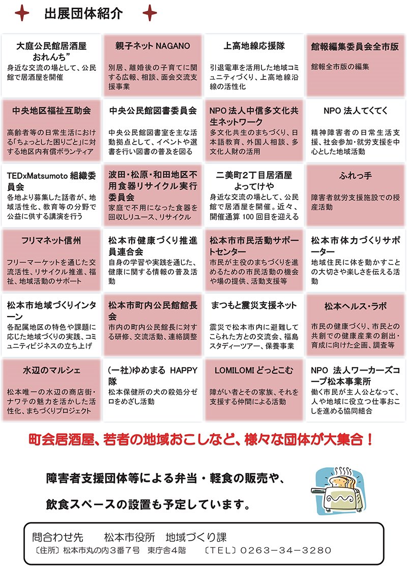 長野県松本市 市民活動商店街を開催します 地域づくりや市民活動に取り組んでいる団体が 各ブースで展示 販売 体験等を通じて 活動内容を紹介します 0食限定で 信州 まつもと鍋 の試食もあります 日時 平成29年1月29日 日 午後0時30分 3