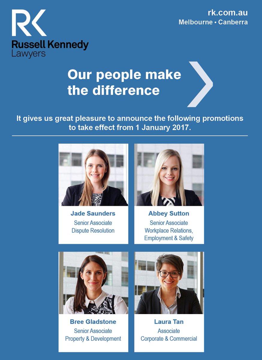 RussellKennedy_'s tweet photo. Congratulations - RK is pleased to announce our latest promotions to take effect from 1 January 2017 https://t.co/6gE04Gguqs #auslaw https://t.co/EtqscJxKXM