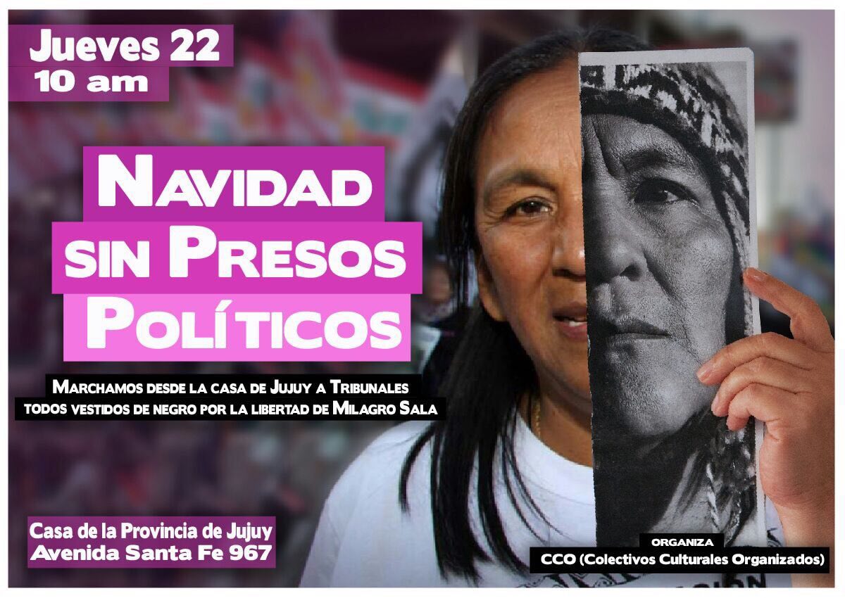 RachelHolway's tweet photo. #Jueves #22deDiciembre  Todos y todas a la Casa de #Jujuy en #BuenosAires para #LiberenAMilagroSala 
10 de la mañana 
NO PODES FALTAR https://t.co/w56q4YhTXg