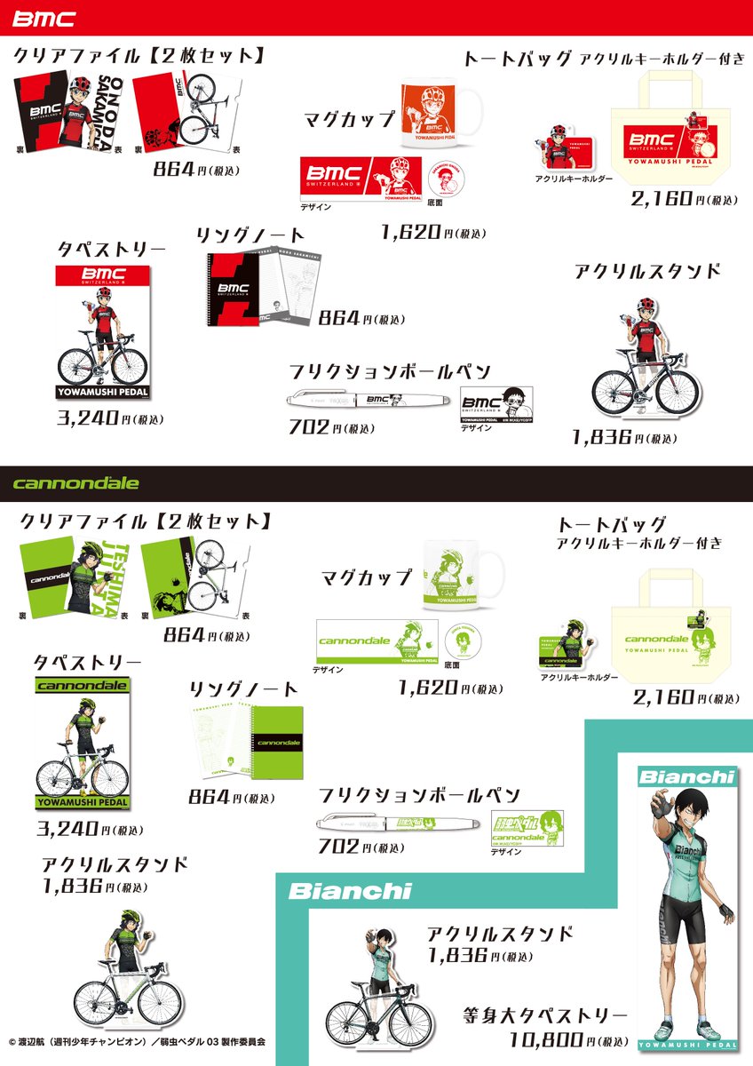 弱虫ペダルスペシャルショップ そして Bmc Cannondaleとのコラボイラストを使用したグッズ さらに ビアンキジャージの荒北のグッズの新アイテムに復刻アイテムも コラボジャージを着用した坂道 手嶋 荒北の巨大クリアアクキーも登場 T Co