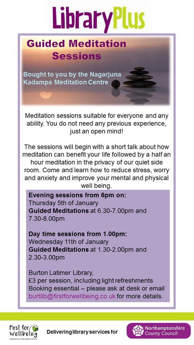 Beat the January blues with our meditation sessions at #BurtonLatimer Library Thur 5 Jan (from 6pm) and Wed 11 Jan (from 1pm) £3 per session
