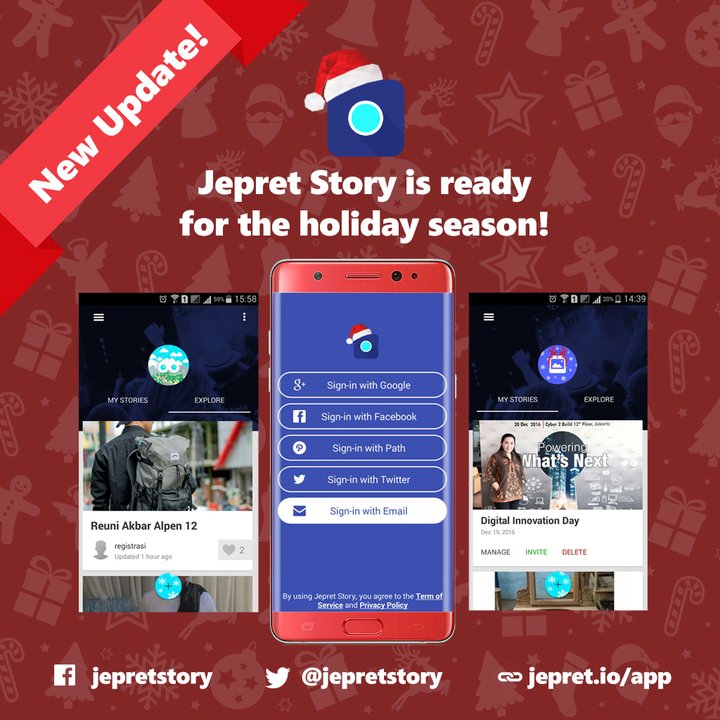 JepretStory's tweet photo. Jepreters, get ready to spice up your selfie-ful of holidays! Update your app on Play Store for a fresh set of holiday-themed icons, now! https://t.co/9af6GyfPzN